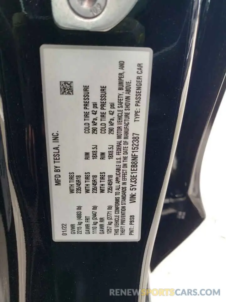 10 fotografías del automóvil dañado 5YJ3E1EB8NF152387 TESLA MODEL 3 2022