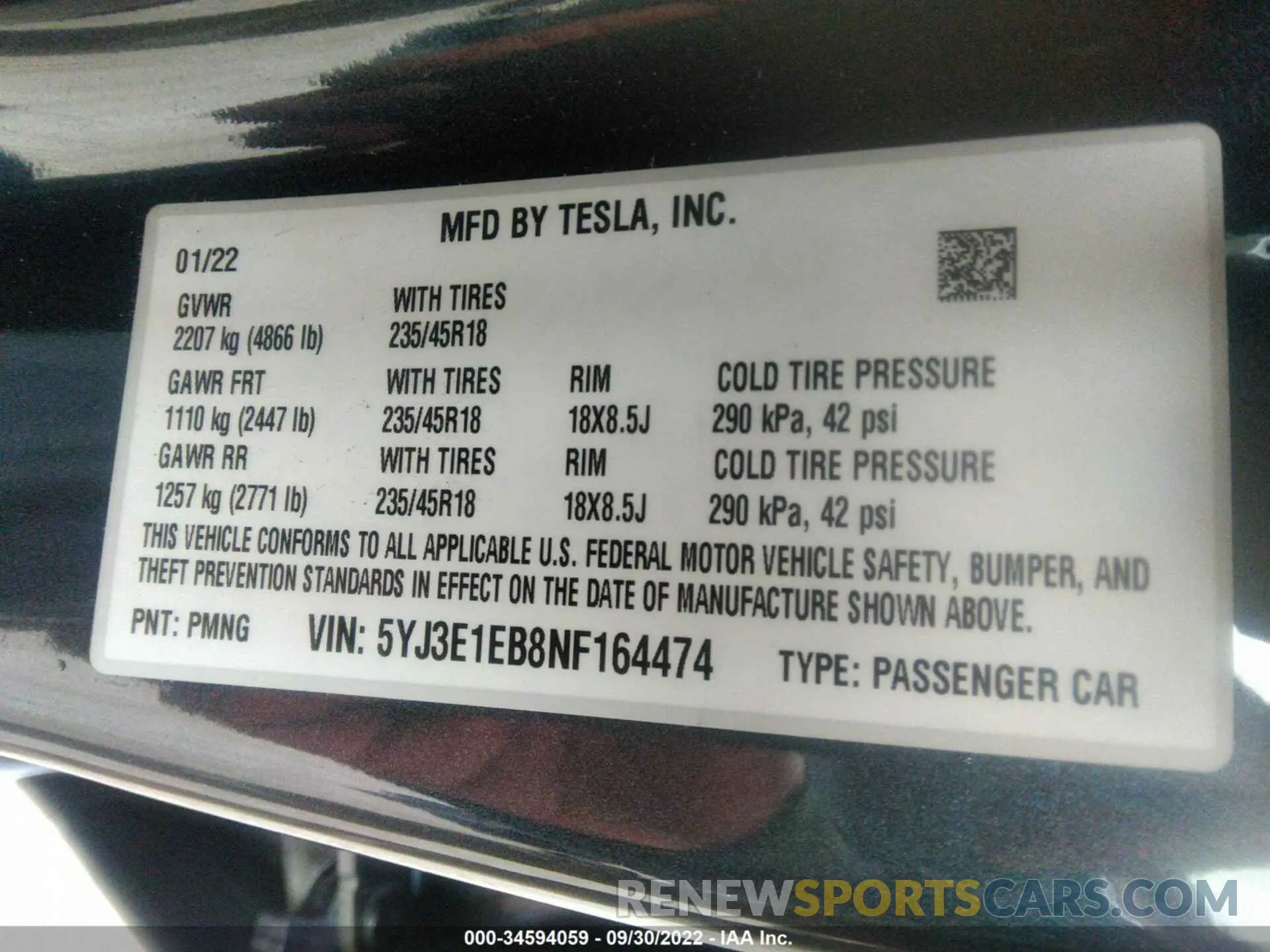 9 fotografías del automóvil dañado 5YJ3E1EB8NF164474 TESLA MODEL 3 2022
