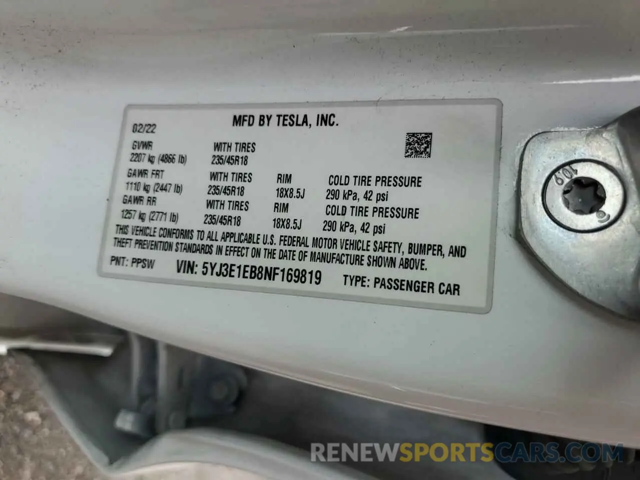 12 fotografías del automóvil dañado 5YJ3E1EB8NF169819 TESLA MODEL 3 2022