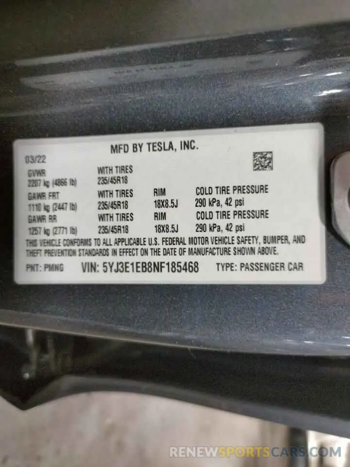 10 fotografías del automóvil dañado 5YJ3E1EB8NF185468 TESLA MODEL 3 2022