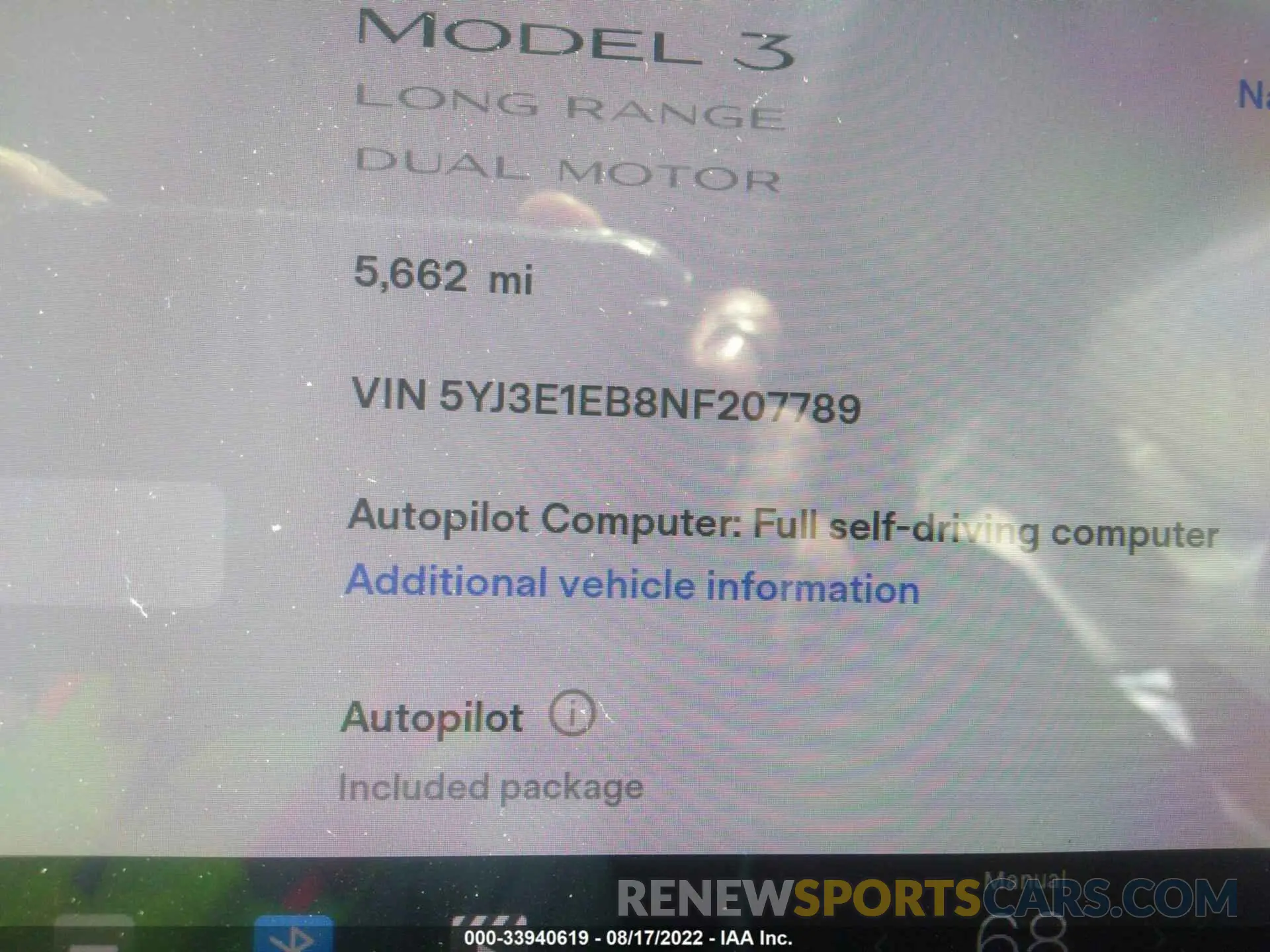 7 fotografías del automóvil dañado 5YJ3E1EB8NF207789 TESLA MODEL 3 2022