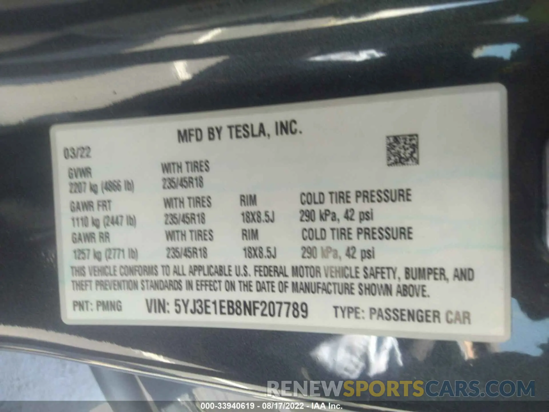 9 fotografías del automóvil dañado 5YJ3E1EB8NF207789 TESLA MODEL 3 2022