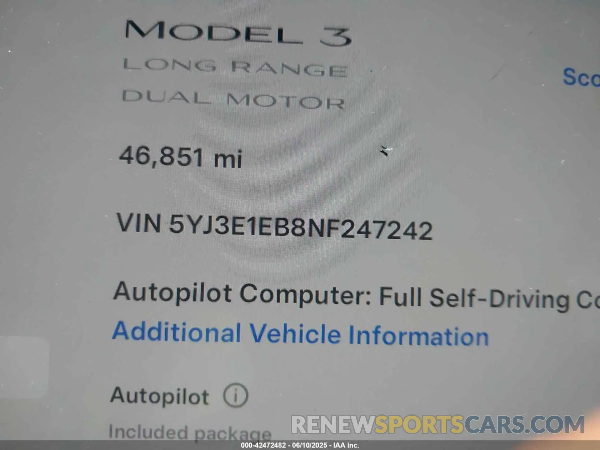 7 fotografías del automóvil dañado 5YJ3E1EB8NF247242 TESLA MODEL 3 2022
