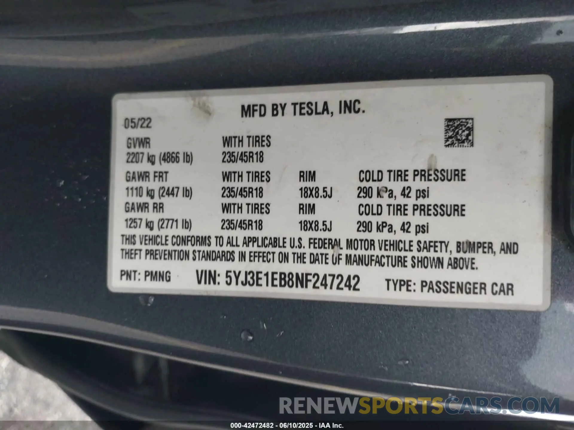 9 fotografías del automóvil dañado 5YJ3E1EB8NF247242 TESLA MODEL 3 2022
