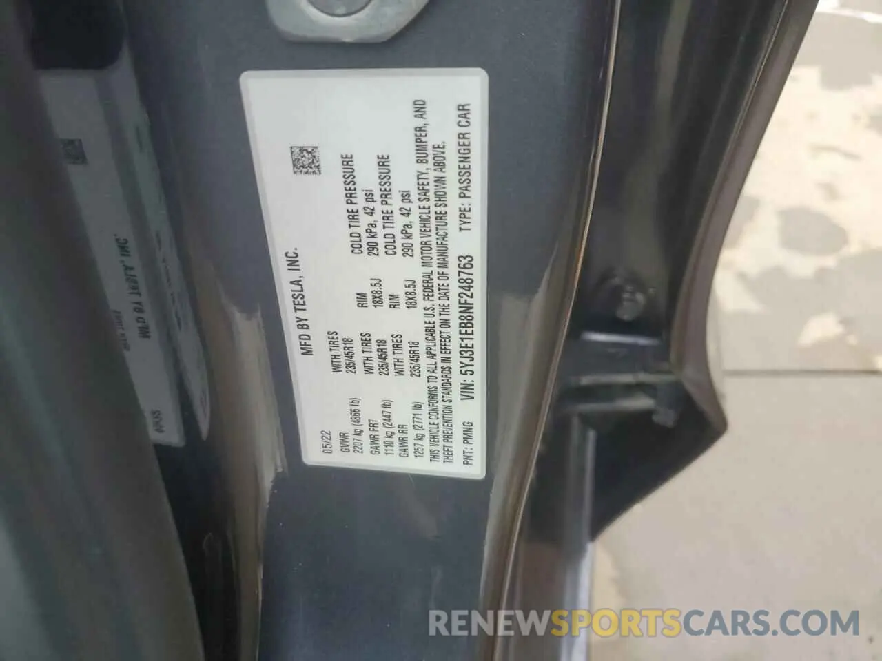 13 fotografías del automóvil dañado 5YJ3E1EB8NF248763 TESLA MODEL 3 2022