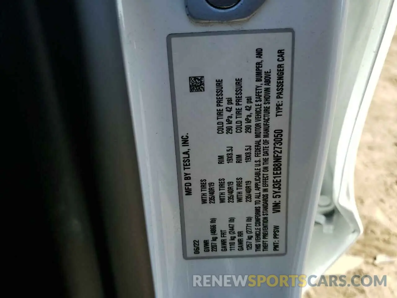 12 fotografías del automóvil dañado 5YJ3E1EB8NF273050 TESLA MODEL 3 2022