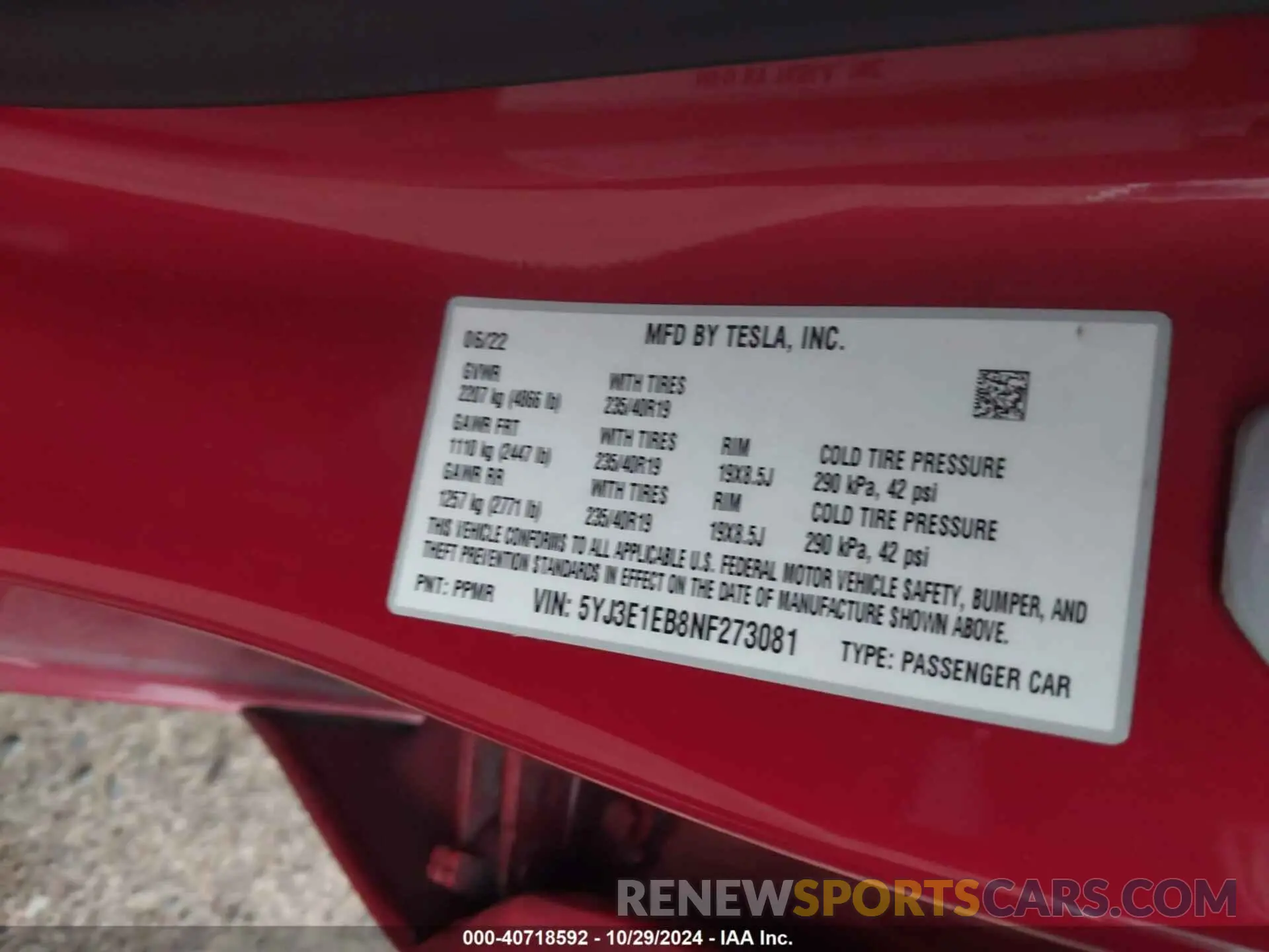 9 fotografías del automóvil dañado 5YJ3E1EB8NF273081 TESLA MODEL 3 2022