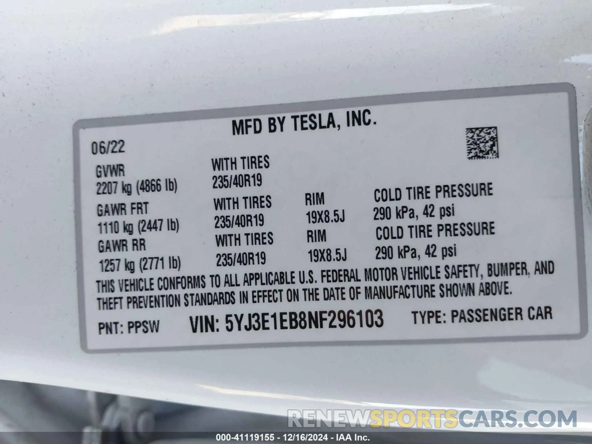 9 fotografías del automóvil dañado 5YJ3E1EB8NF296103 TESLA MODEL 3 2022