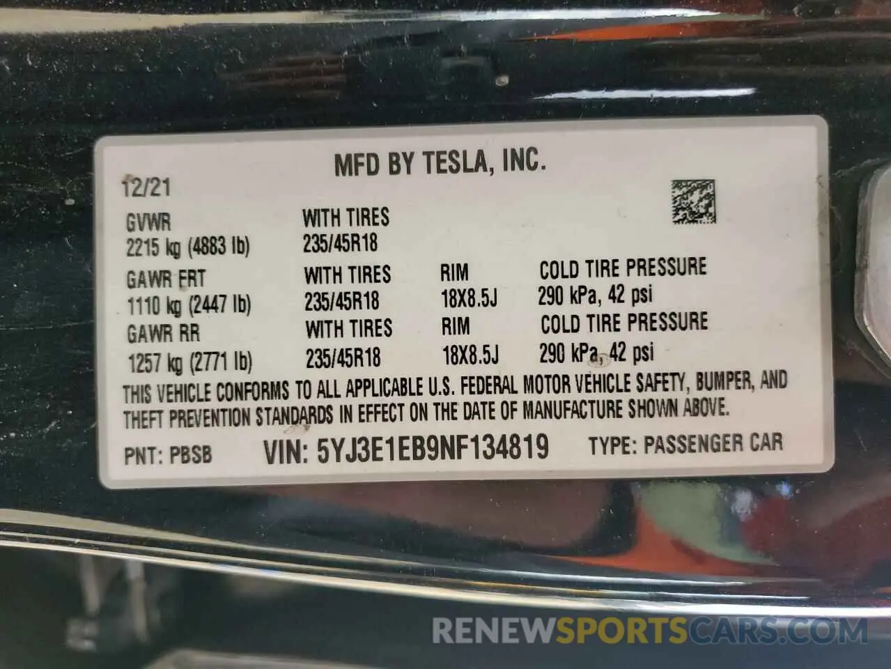 14 fotografías del automóvil dañado 5YJ3E1EB9NF134819 TESLA MODEL 3 2022