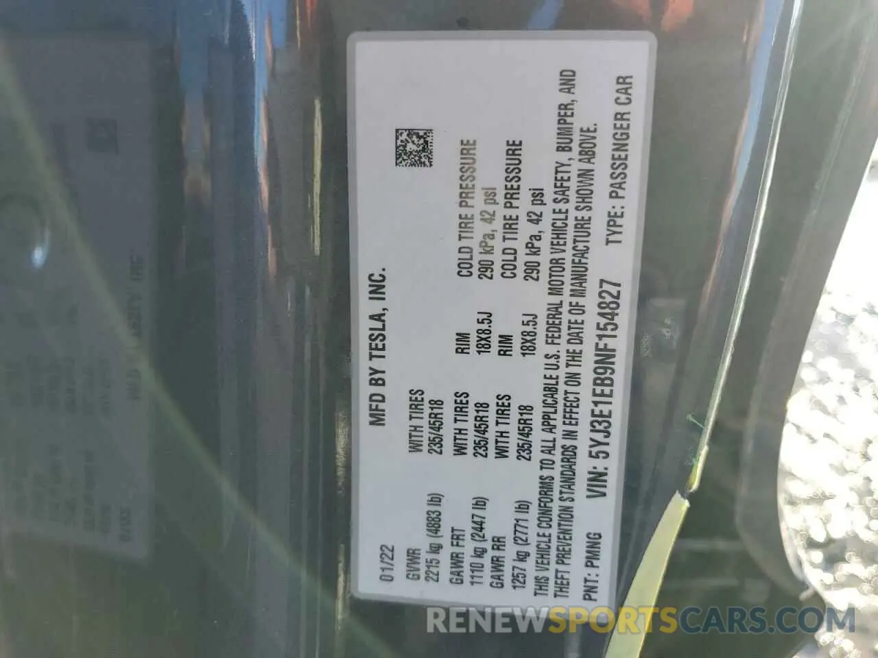 13 fotografías del automóvil dañado 5YJ3E1EB9NF154827 TESLA MODEL 3 2022