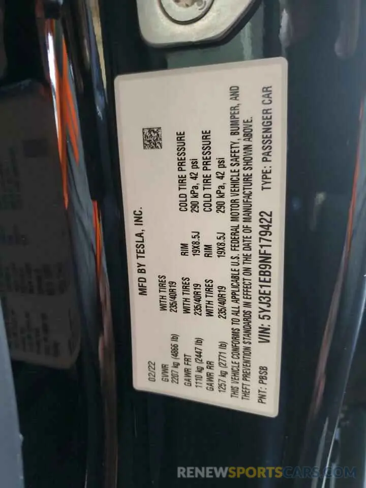 13 fotografías del automóvil dañado 5YJ3E1EB9NF179422 TESLA MODEL 3 2022