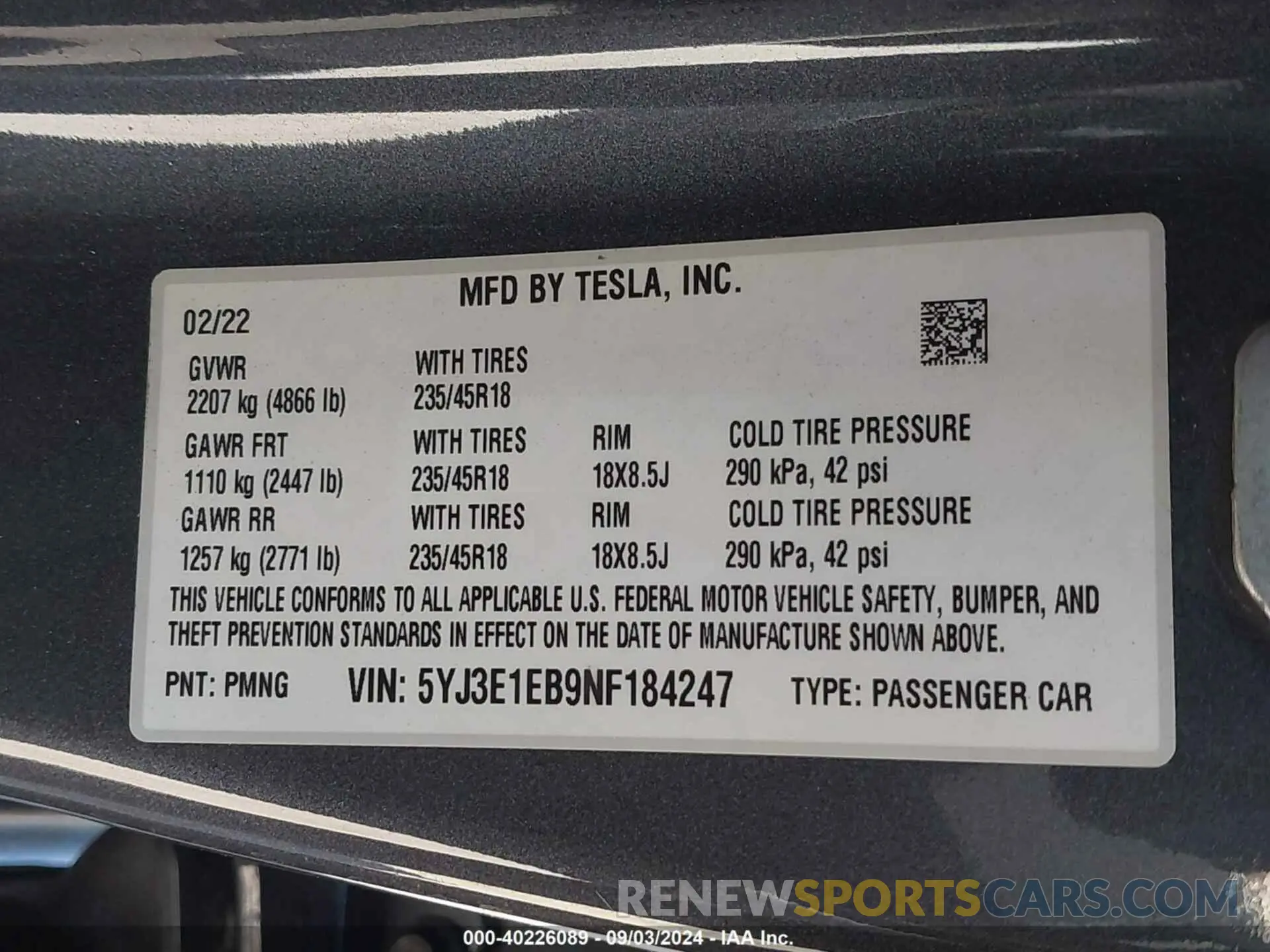 9 fotografías del automóvil dañado 5YJ3E1EB9NF184247 TESLA MODEL 3 2022
