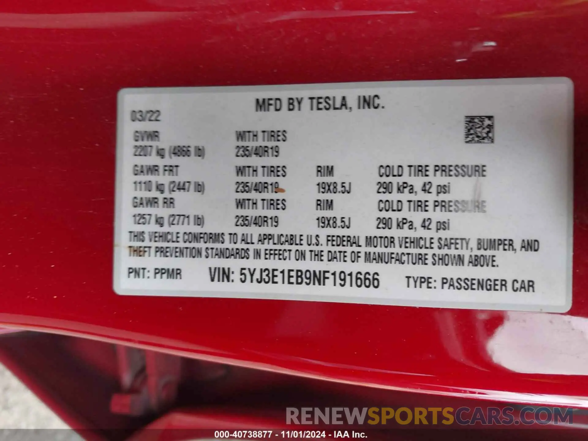 9 fotografías del automóvil dañado 5YJ3E1EB9NF191666 TESLA MODEL 3 2022