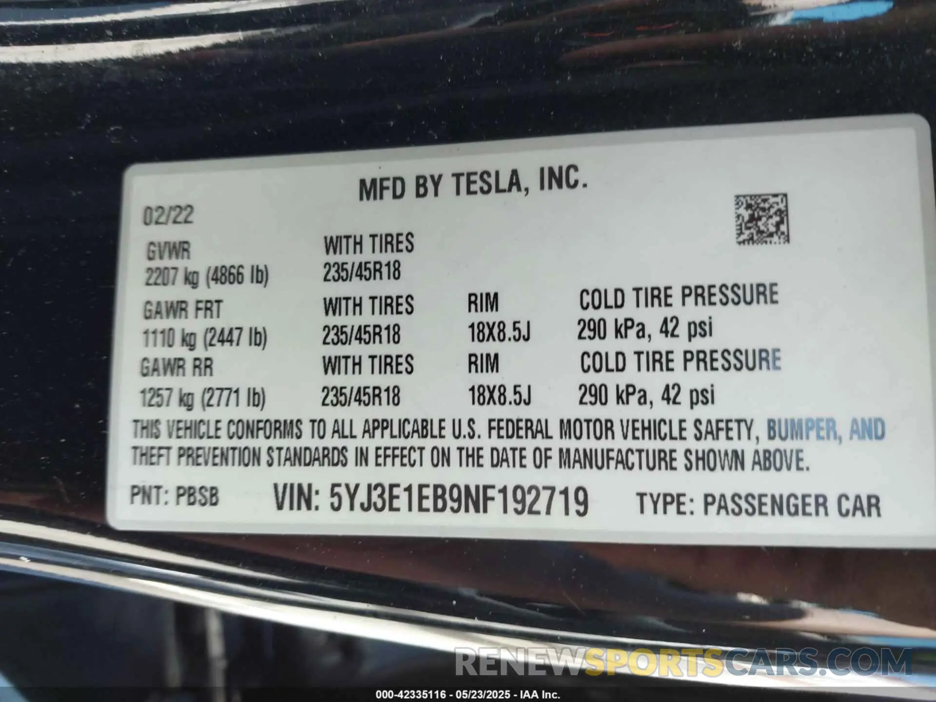 9 fotografías del automóvil dañado 5YJ3E1EB9NF192719 TESLA MODEL 3 2022