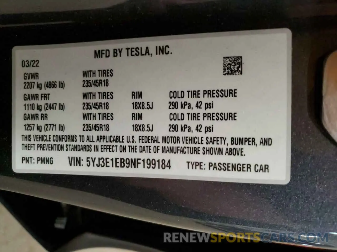 15 fotografías del automóvil dañado 5YJ3E1EB9NF199184 TESLA MODEL 3 2022