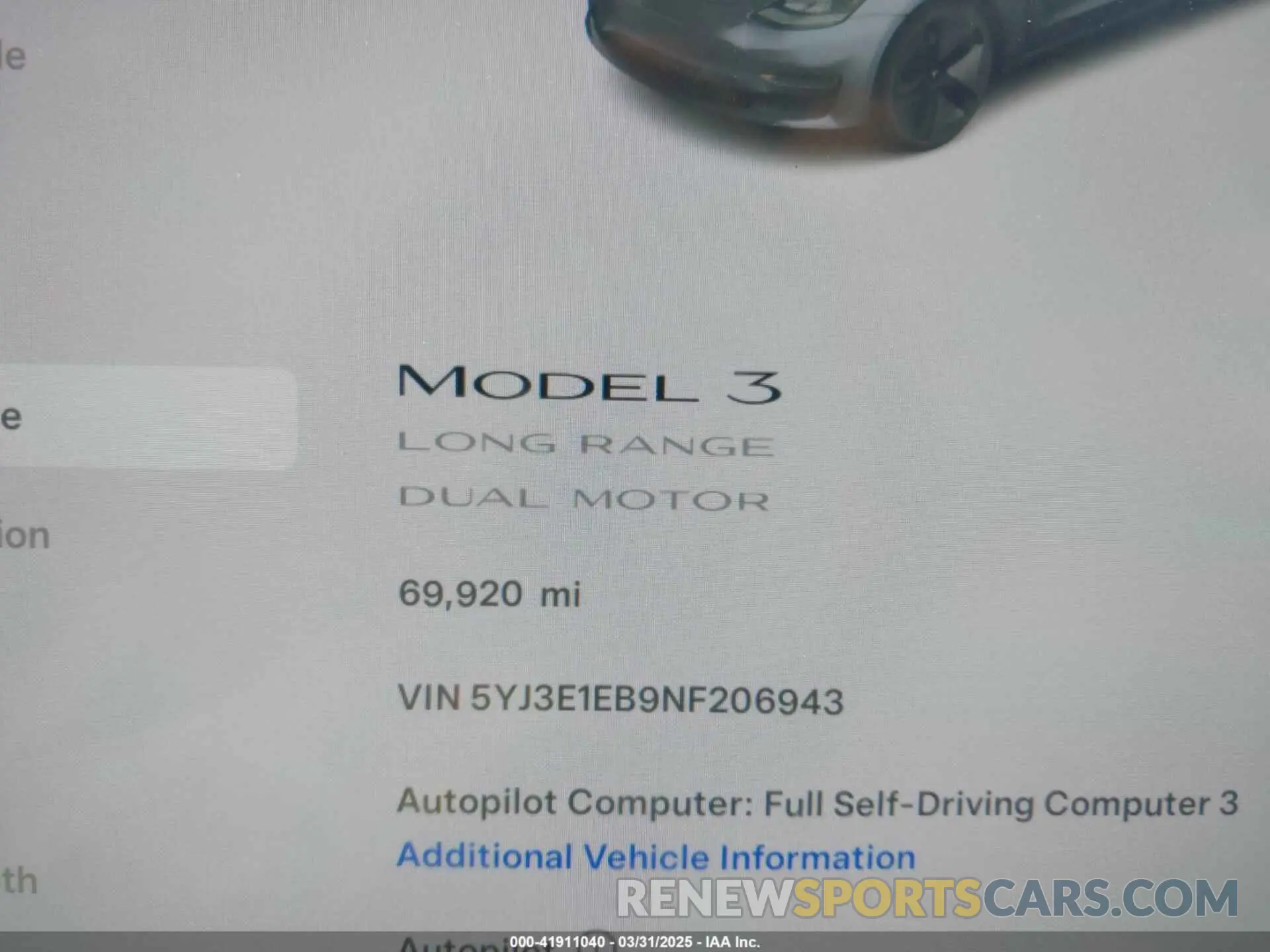 7 fotografías del automóvil dañado 5YJ3E1EB9NF206943 TESLA MODEL 3 2022