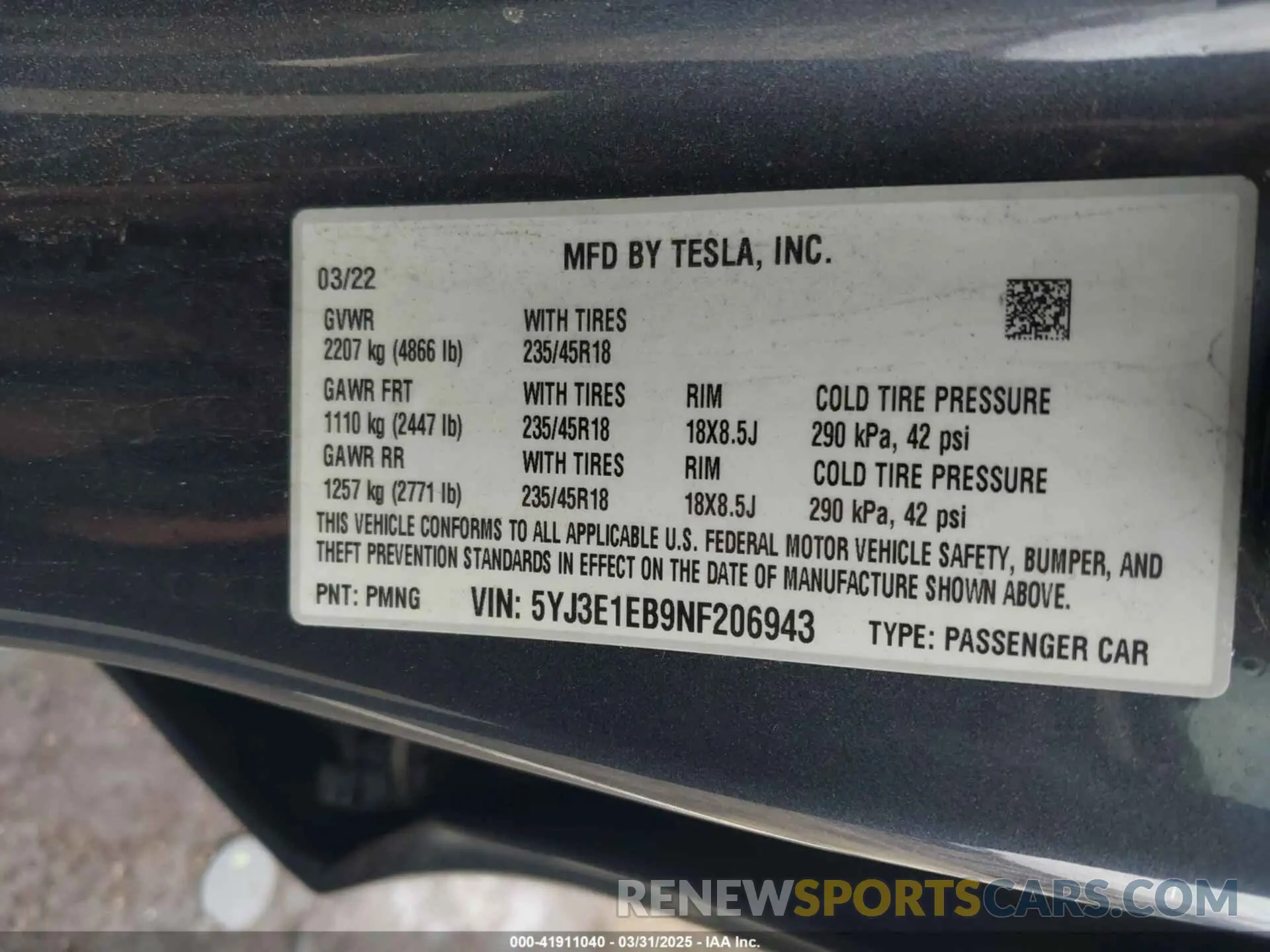 9 fotografías del automóvil dañado 5YJ3E1EB9NF206943 TESLA MODEL 3 2022