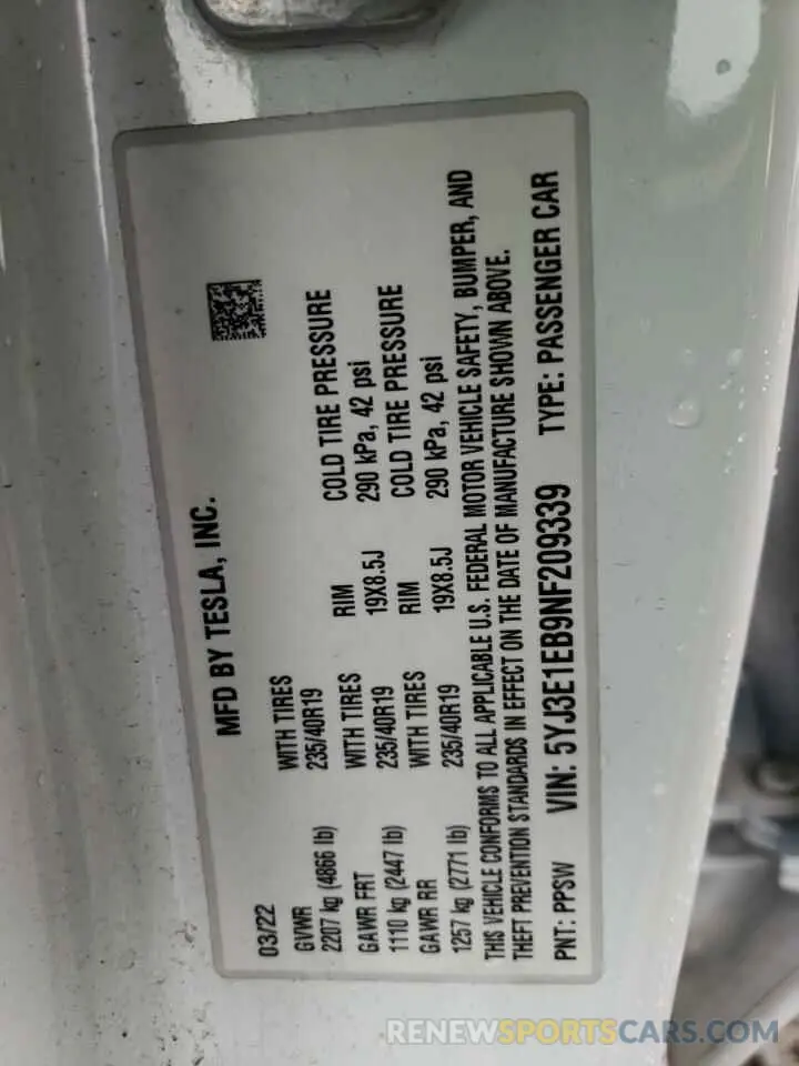 12 fotografías del automóvil dañado 5YJ3E1EB9NF209339 TESLA MODEL 3 2022