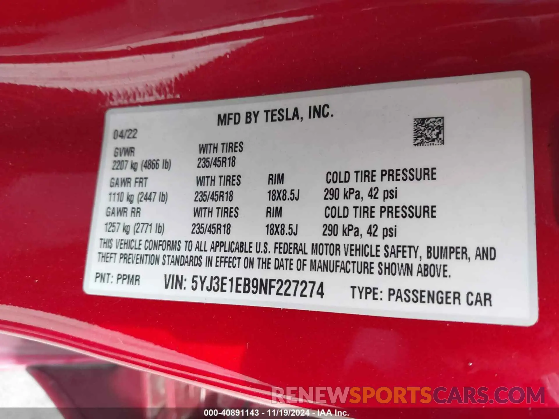 9 fotografías del automóvil dañado 5YJ3E1EB9NF227274 TESLA MODEL 3 2022