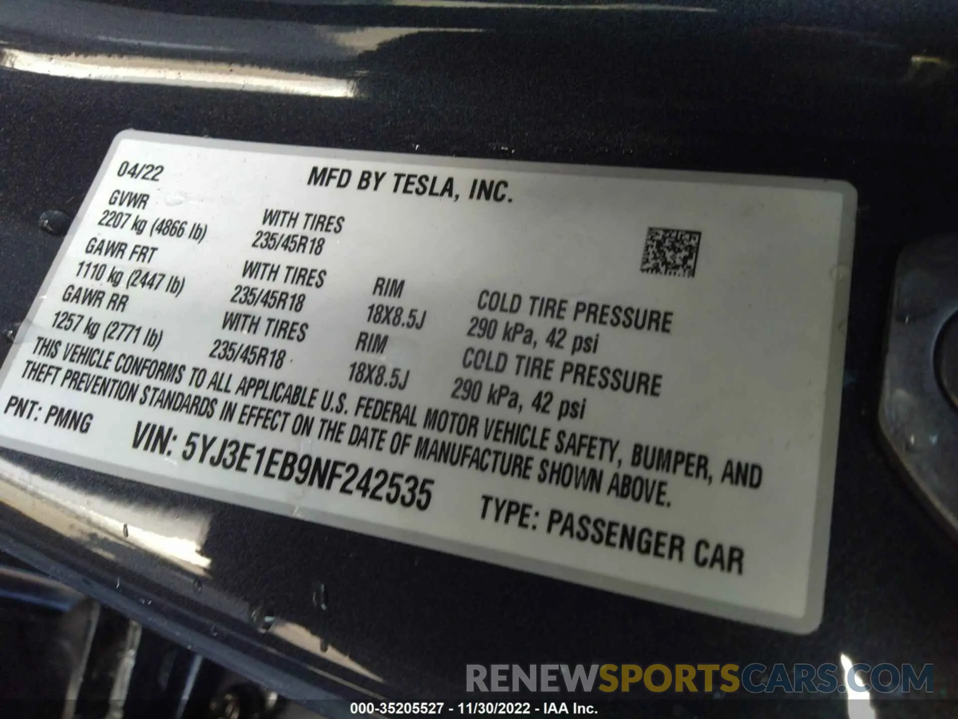 9 fotografías del automóvil dañado 5YJ3E1EB9NF242535 TESLA MODEL 3 2022