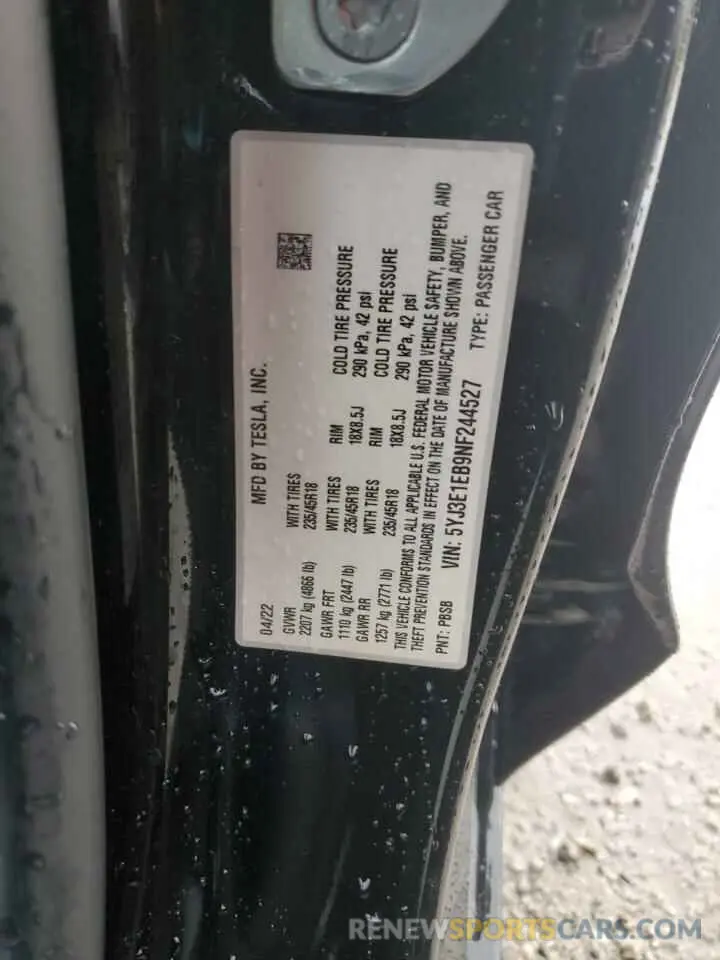 12 fotografías del automóvil dañado 5YJ3E1EB9NF244527 TESLA MODEL 3 2022