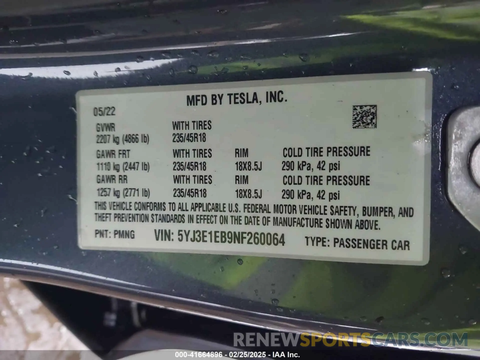 9 fotografías del automóvil dañado 5YJ3E1EB9NF260064 TESLA MODEL 3 2022