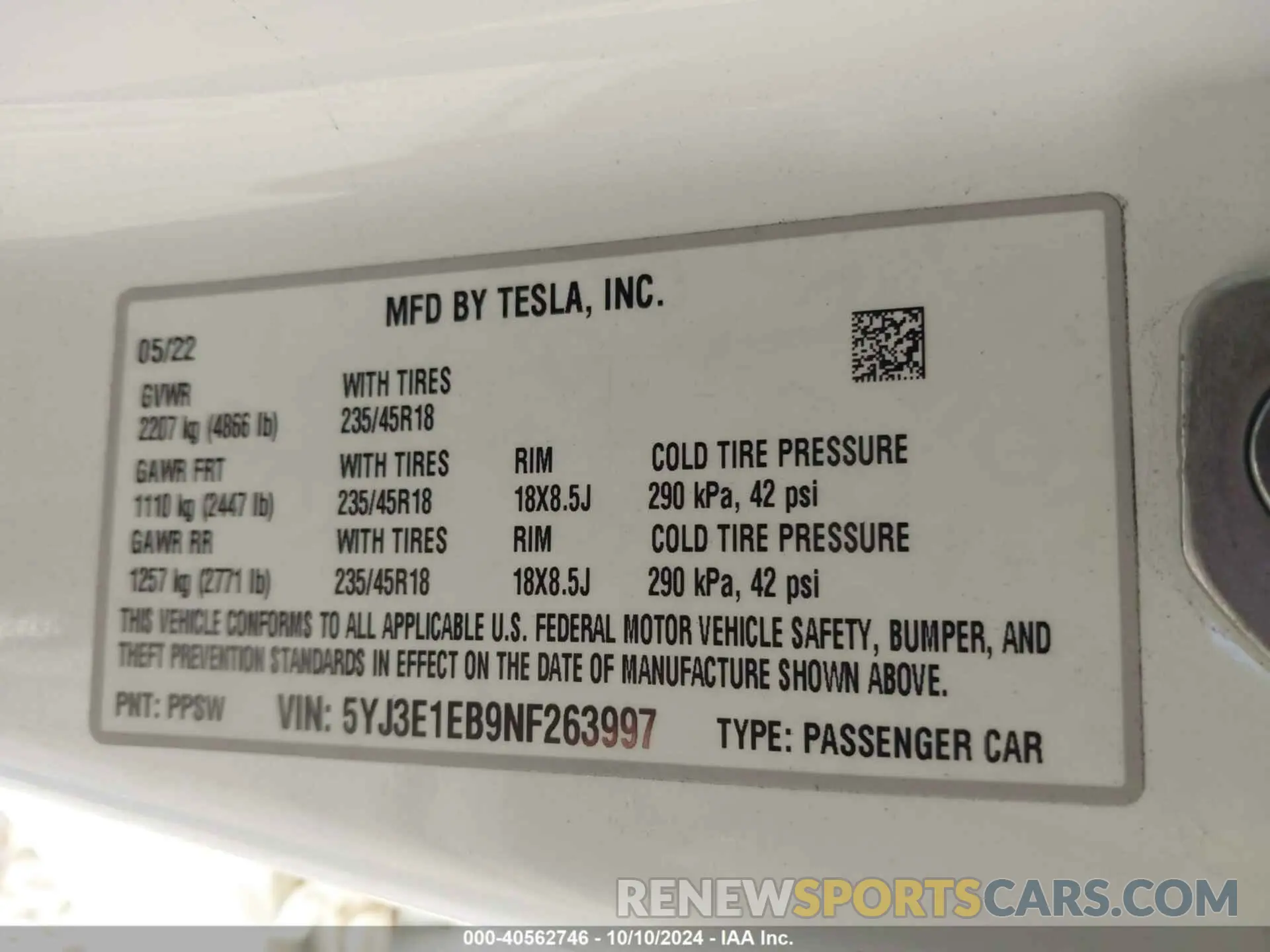 9 fotografías del automóvil dañado 5YJ3E1EB9NF263997 TESLA MODEL 3 2022