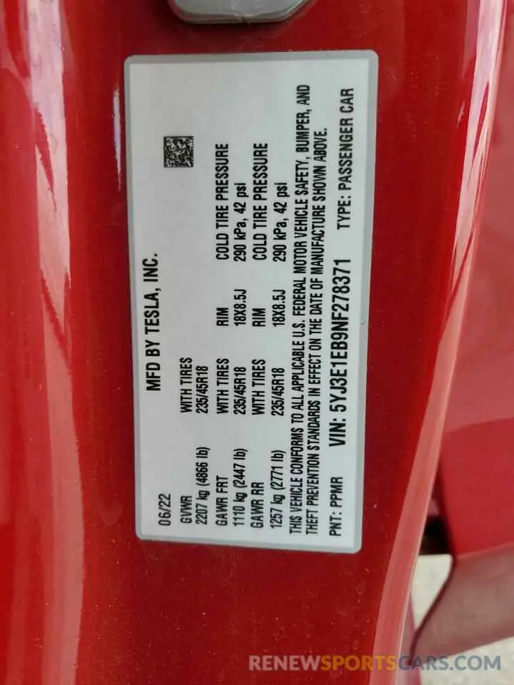 12 fotografías del automóvil dañado 5YJ3E1EB9NF278371 TESLA MODEL 3 2022