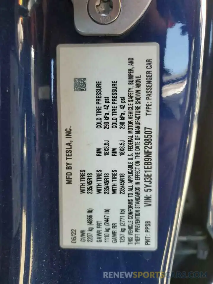 13 fotografías del automóvil dañado 5YJ3E1EB9NF298507 TESLA MODEL 3 2022