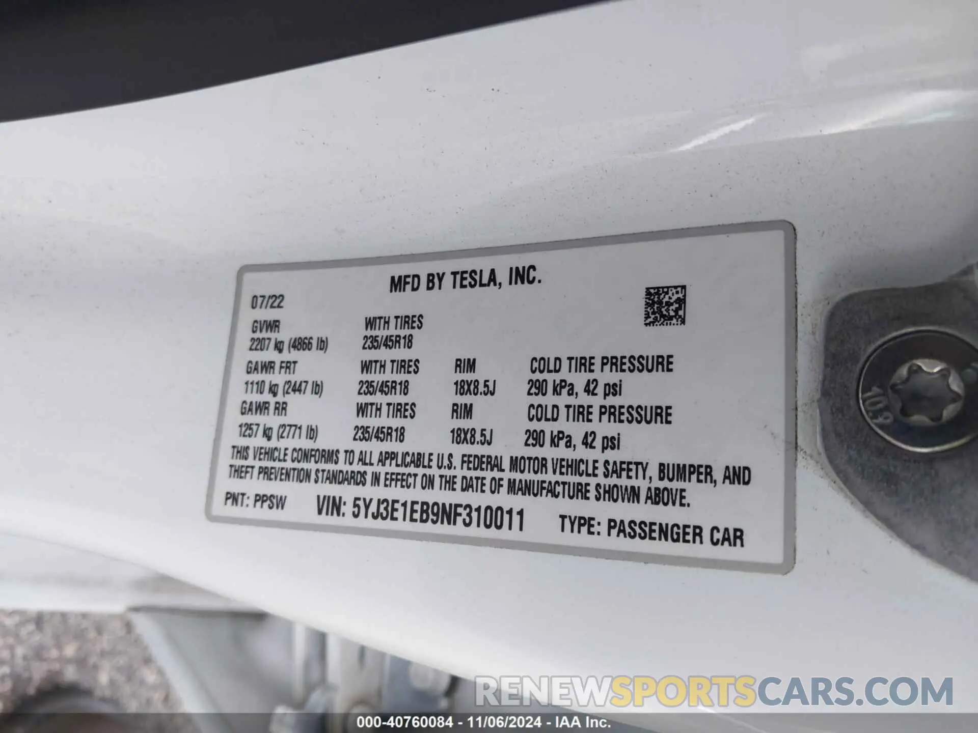9 fotografías del automóvil dañado 5YJ3E1EB9NF310011 TESLA MODEL 3 2022