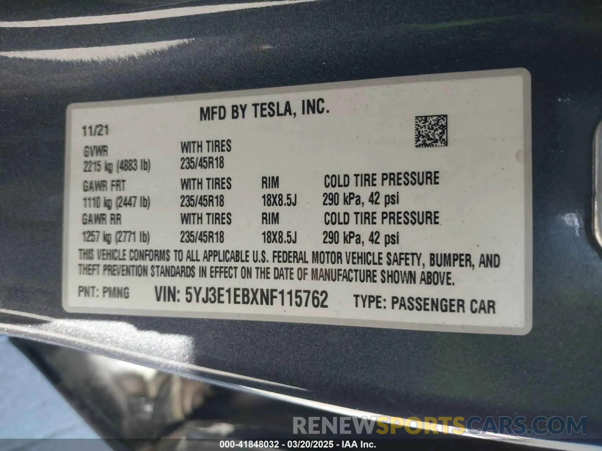 9 fotografías del automóvil dañado 5YJ3E1EBXNF115762 TESLA MODEL 3 2022