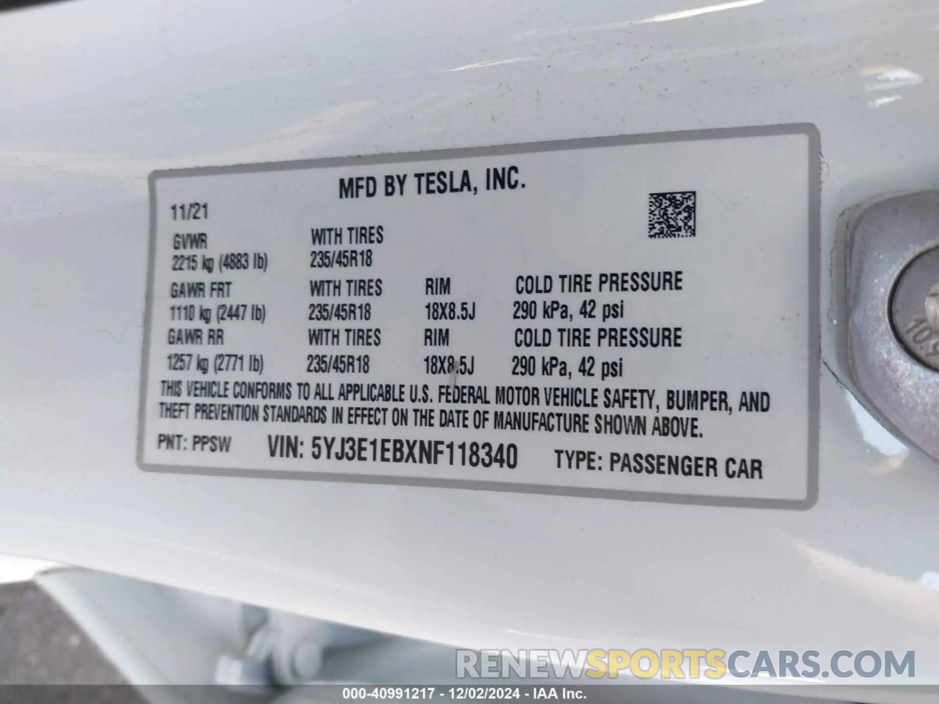 9 fotografías del automóvil dañado 5YJ3E1EBXNF118340 TESLA MODEL 3 2022