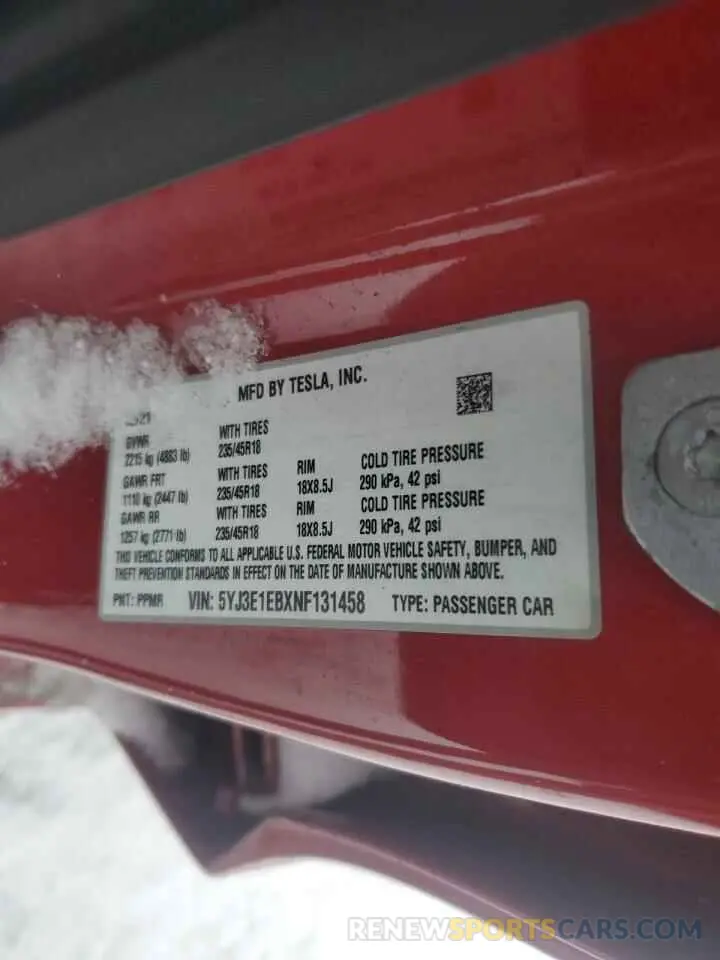 12 fotografías del automóvil dañado 5YJ3E1EBXNF131458 TESLA MODEL 3 2022