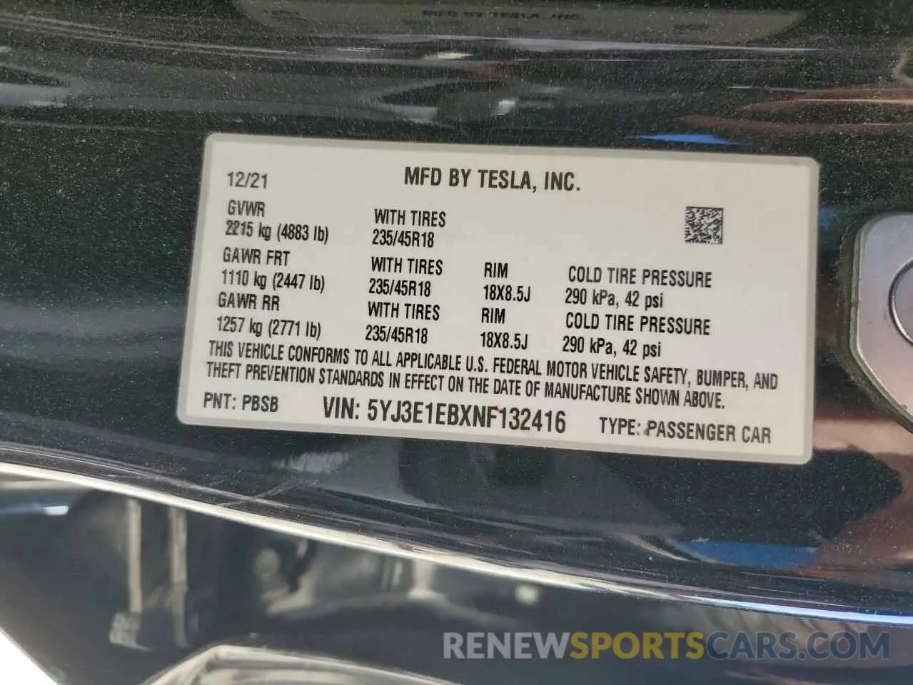 12 fotografías del automóvil dañado 5YJ3E1EBXNF132416 TESLA MODEL 3 2022