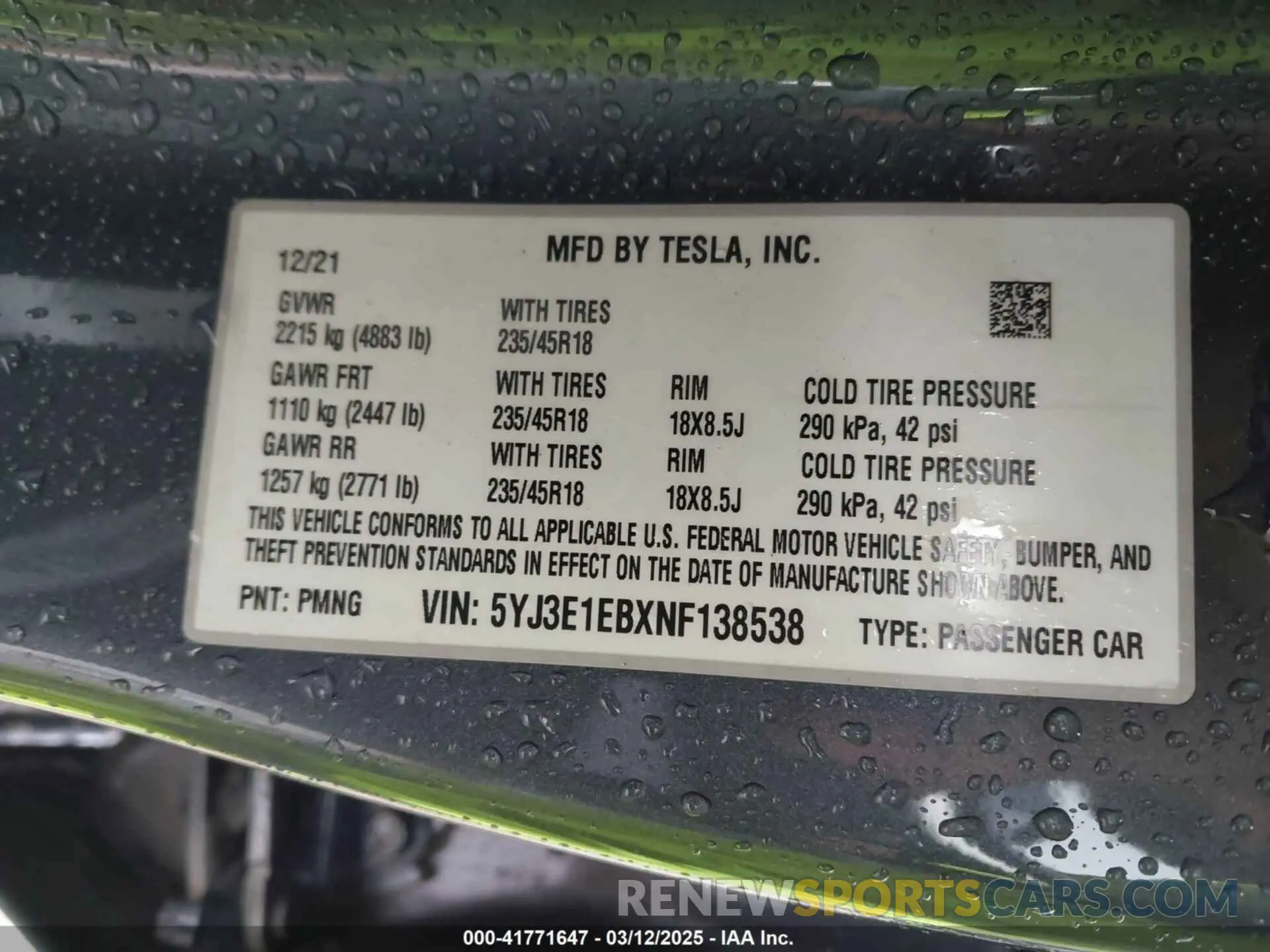 9 fotografías del automóvil dañado 5YJ3E1EBXNF138538 TESLA MODEL 3 2022