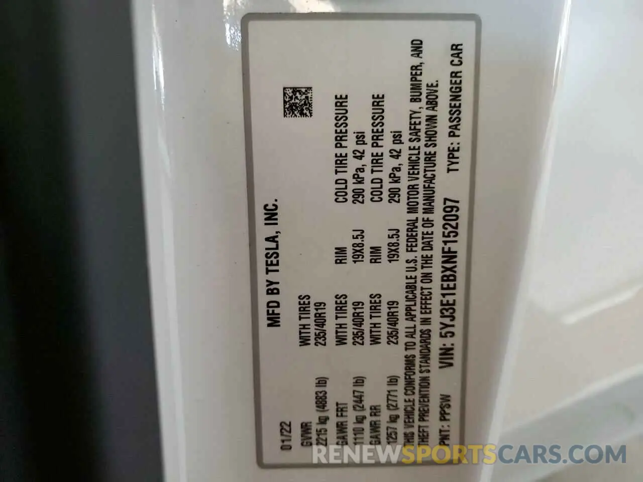 12 fotografías del automóvil dañado 5YJ3E1EBXNF152097 TESLA MODEL 3 2022