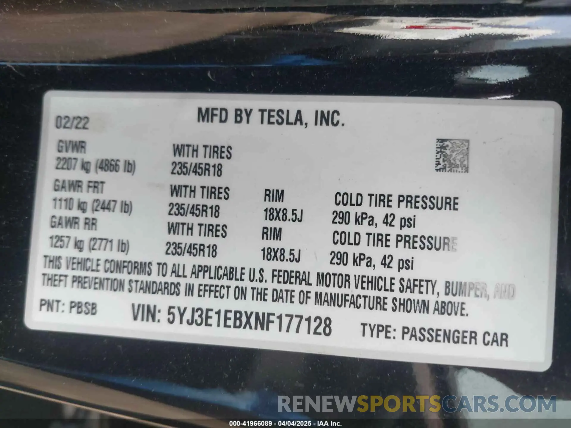 9 fotografías del automóvil dañado 5YJ3E1EBXNF177128 TESLA MODEL 3 2022