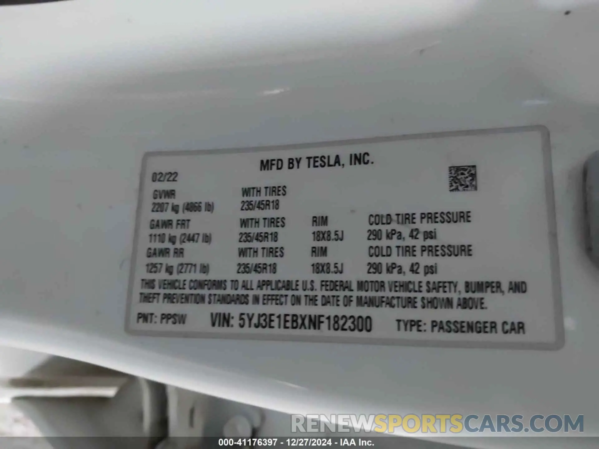 9 fotografías del automóvil dañado 5YJ3E1EBXNF182300 TESLA MODEL 3 2022