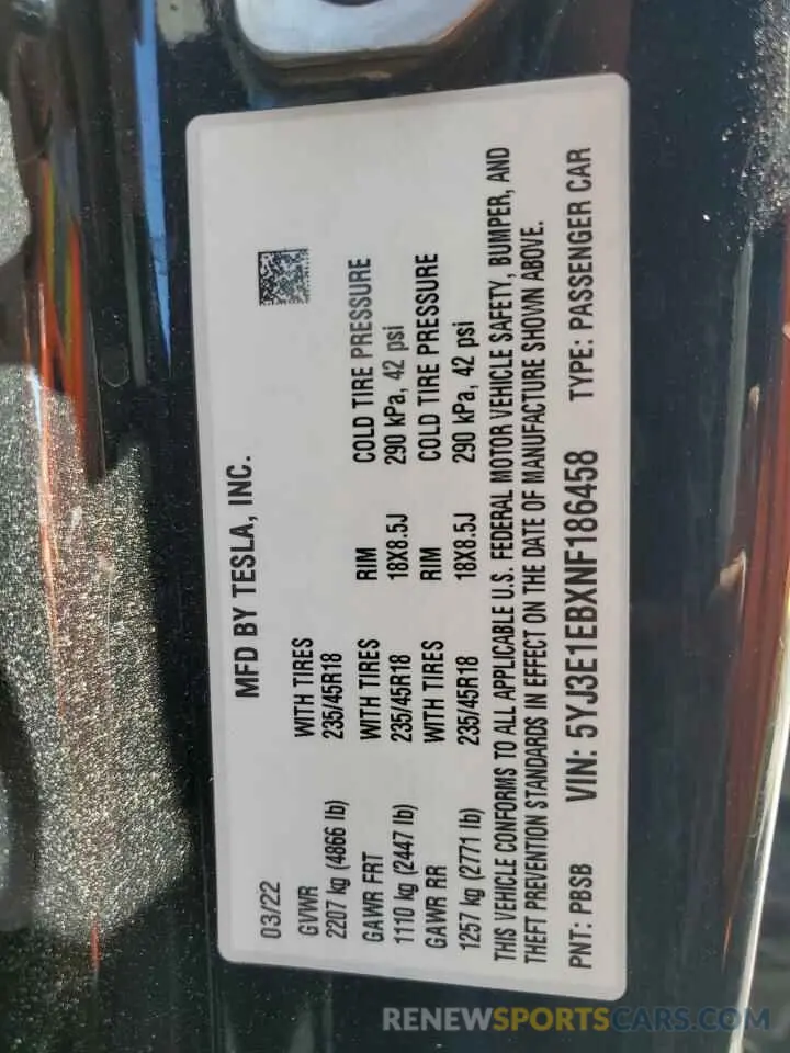 13 fotografías del automóvil dañado 5YJ3E1EBXNF186458 TESLA MODEL 3 2022