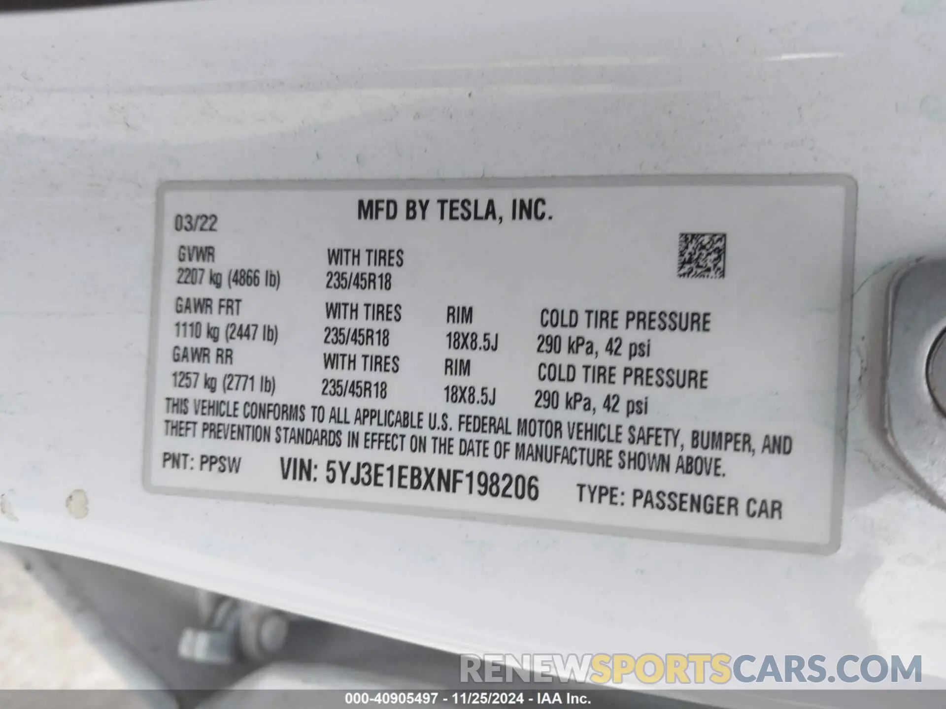 9 fotografías del automóvil dañado 5YJ3E1EBXNF198206 TESLA MODEL 3 2022