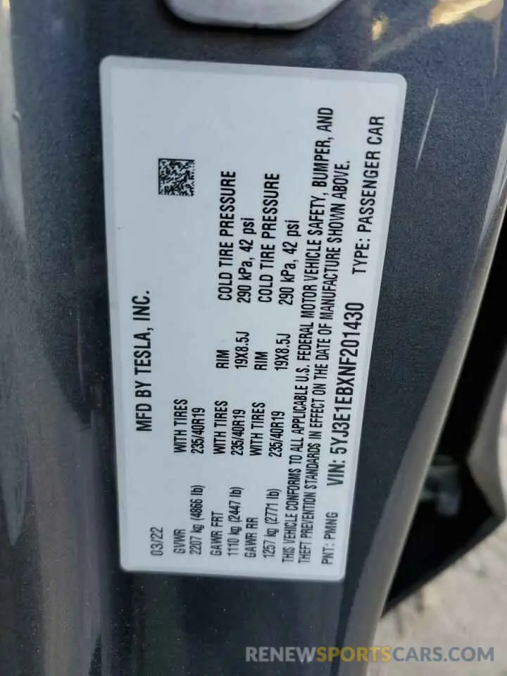 12 fotografías del automóvil dañado 5YJ3E1EBXNF201430 TESLA MODEL 3 2022