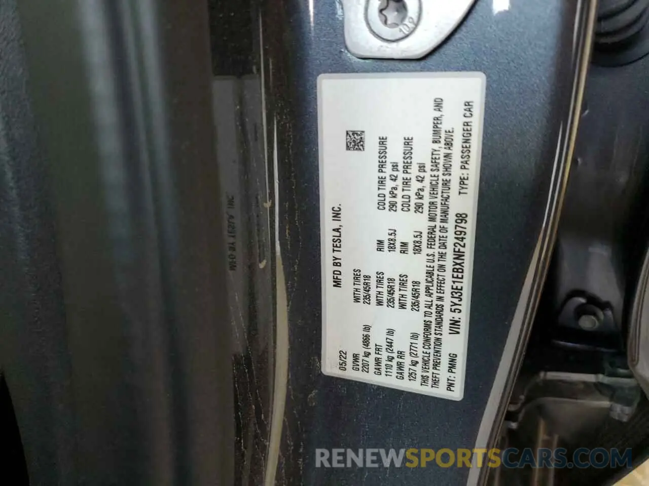13 fotografías del automóvil dañado 5YJ3E1EBXNF249798 TESLA MODEL 3 2022
