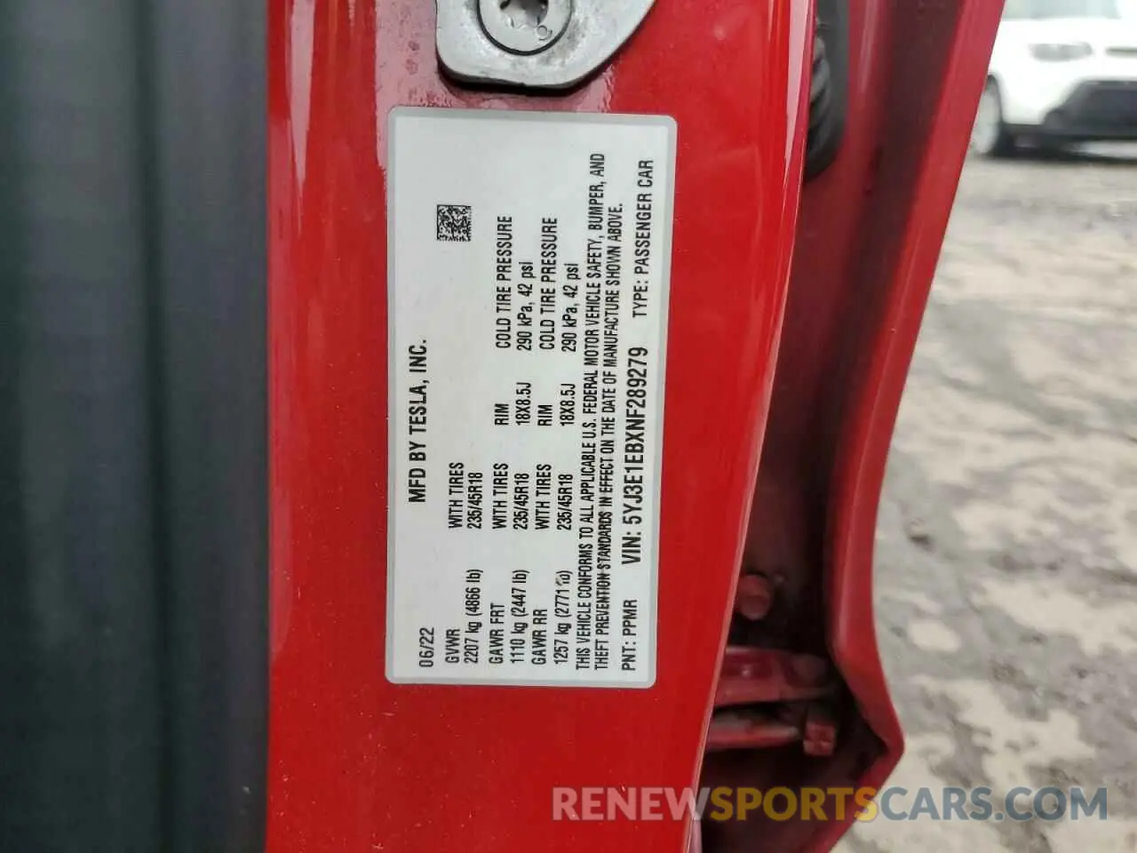 13 fotografías del automóvil dañado 5YJ3E1EBXNF289279 TESLA MODEL 3 2022