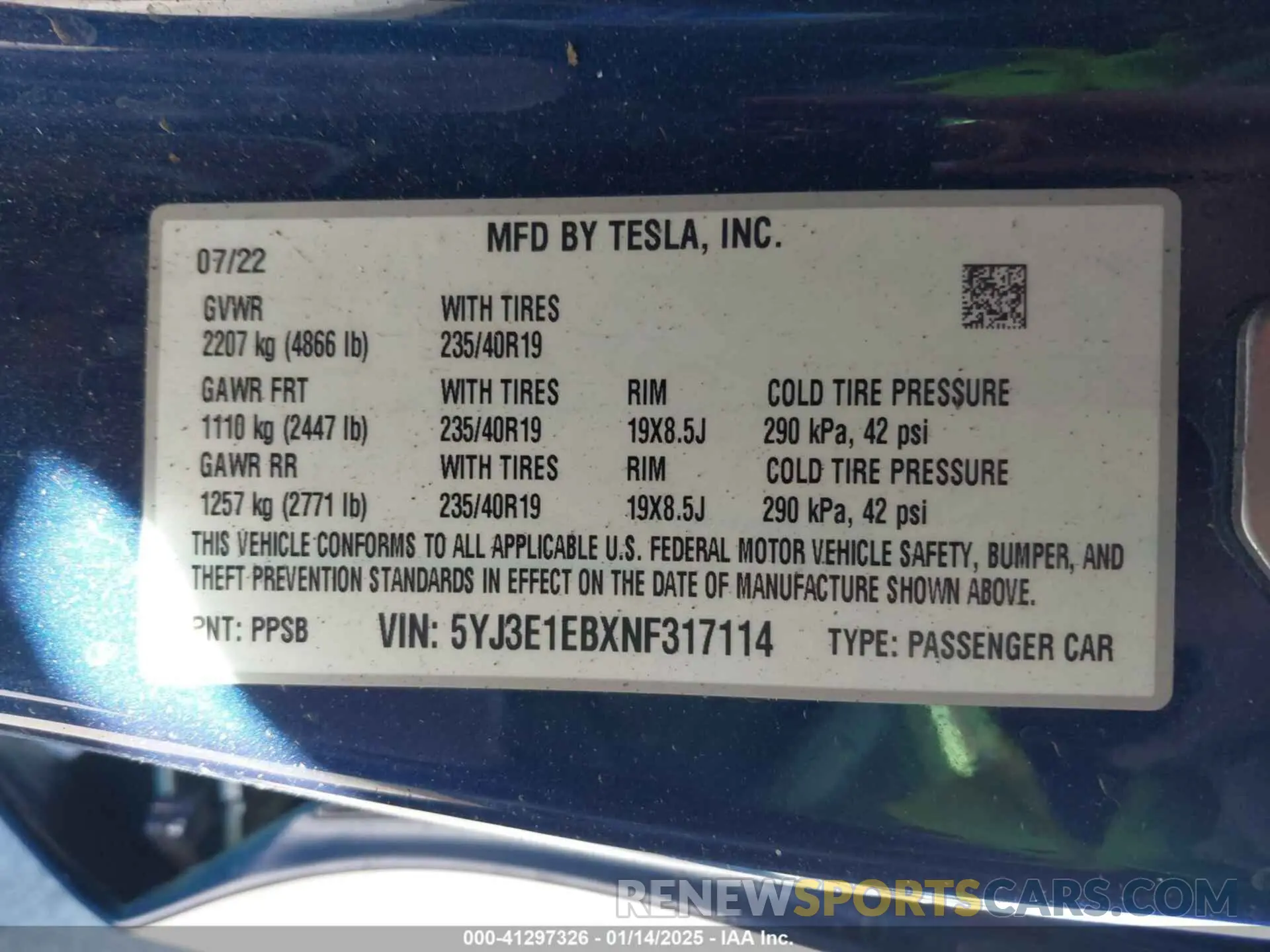 9 fotografías del automóvil dañado 5YJ3E1EBXNF317114 TESLA MODEL 3 2022