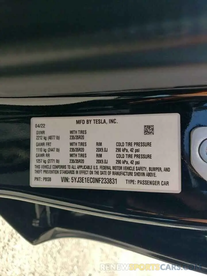 12 fotografías del automóvil dañado 5YJ3E1EC0NF233831 TESLA MODEL 3 2022