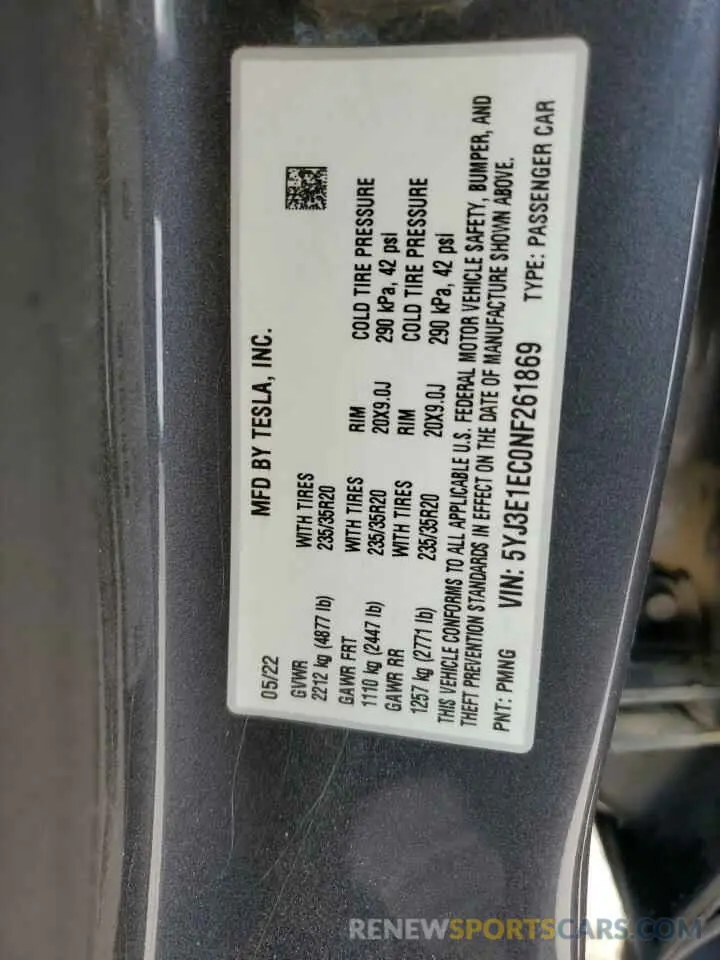 12 fotografías del automóvil dañado 5YJ3E1EC0NF261869 TESLA MODEL 3 2022