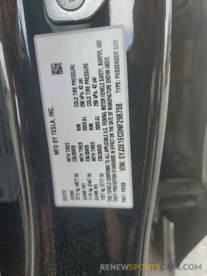 12 fotografías del automóvil dañado 5YJ3E1EC0NF298758 TESLA MODEL 3 2022