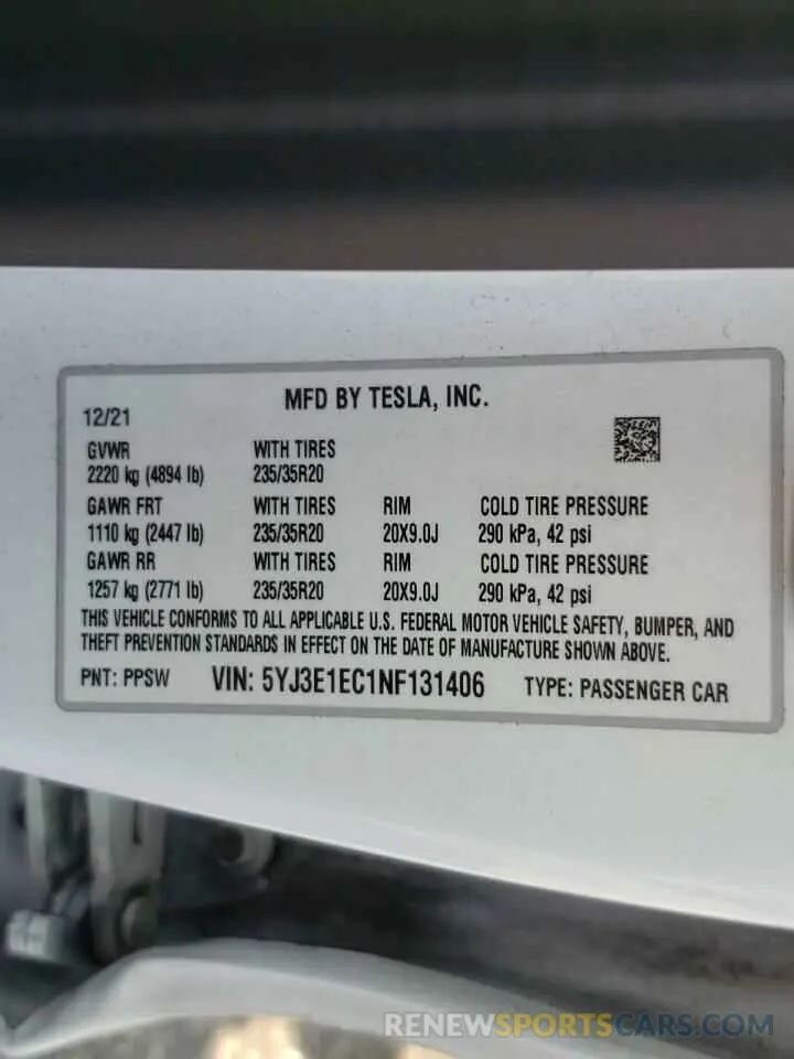 10 fotografías del automóvil dañado 5YJ3E1EC1NF131406 TESLA MODEL 3 2022