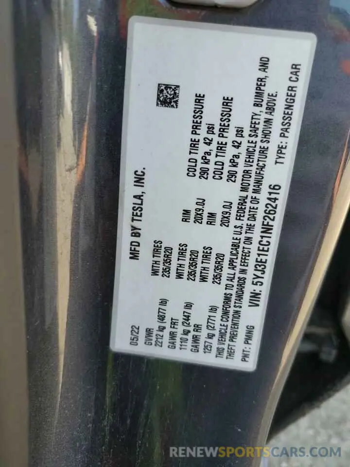 13 fotografías del automóvil dañado 5YJ3E1EC1NF262416 TESLA MODEL 3 2022