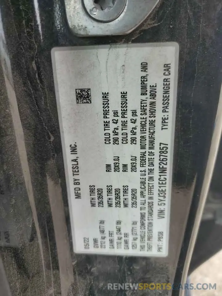 14 fotografías del automóvil dañado 5YJ3E1EC1NF267857 TESLA MODEL 3 2022
